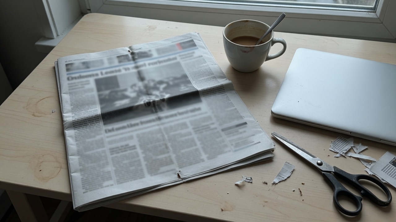 A morning desk with a folded newspaper and a laptop.